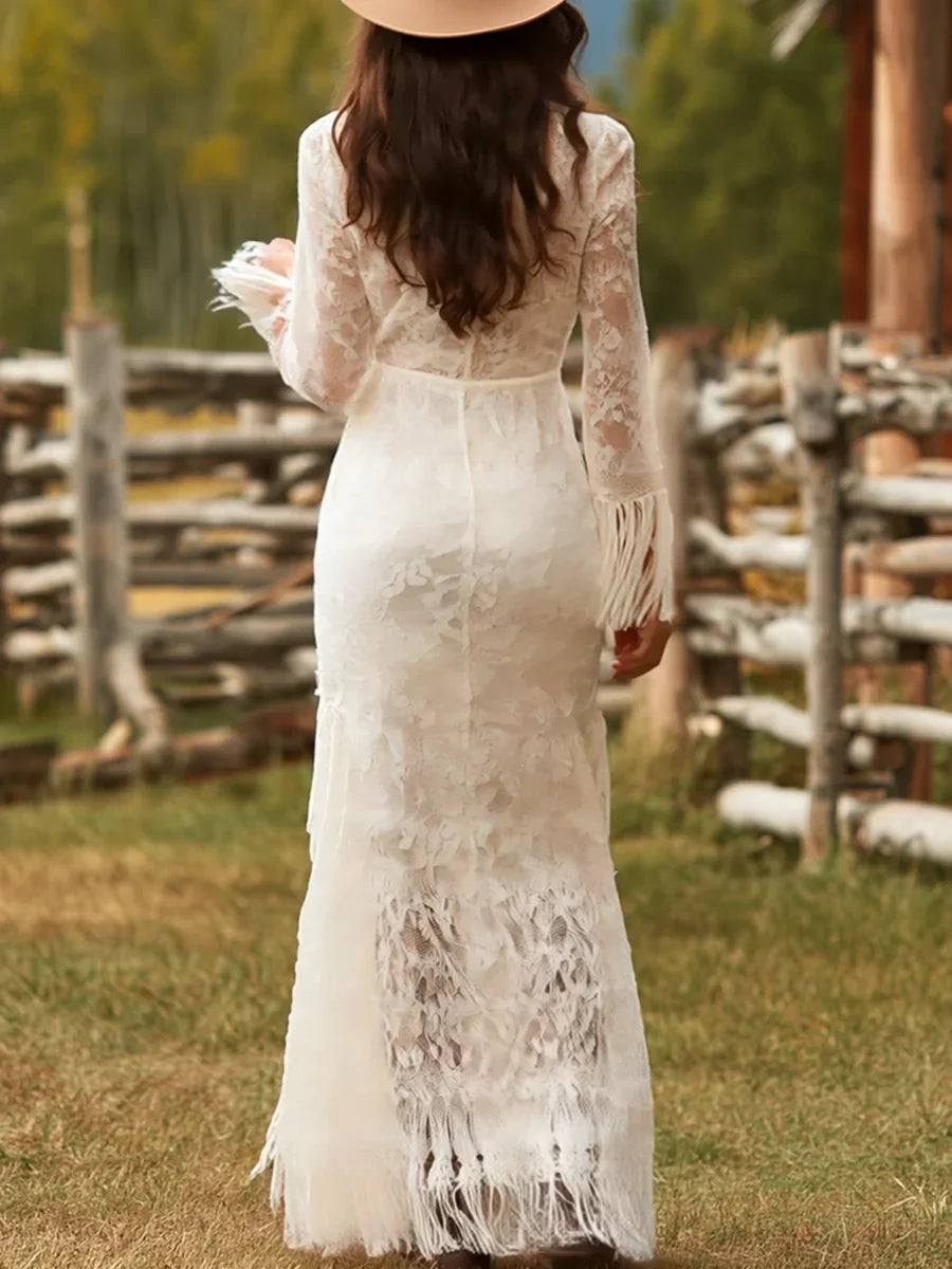 Lace Long Sleeve Maxi Dress with Fringe