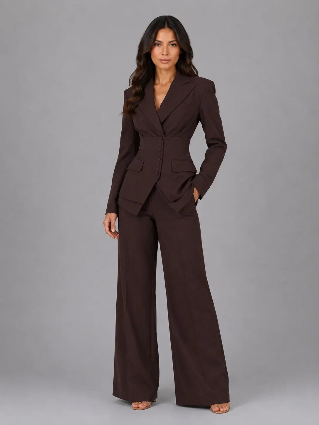 Three-Piece Pant Suit Set with Wide-Leg Trousers