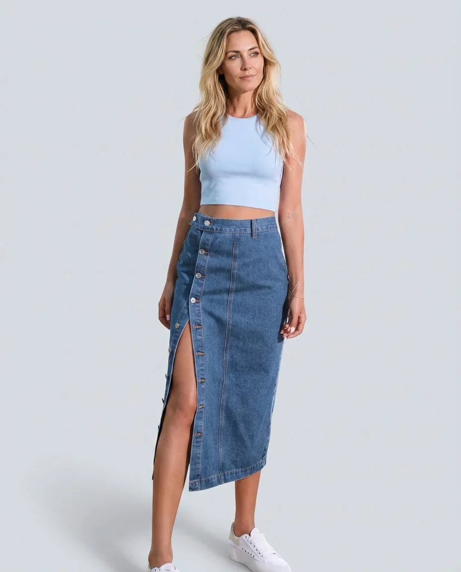 Button-Front Denim Midi Skirt