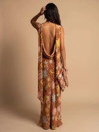Cowl Neck Halter Maxi Dress Detachable Scarf Celestial Print