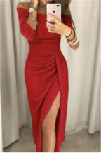 Glitter Long Sleeve Maxi Dress with Ruched High Slit