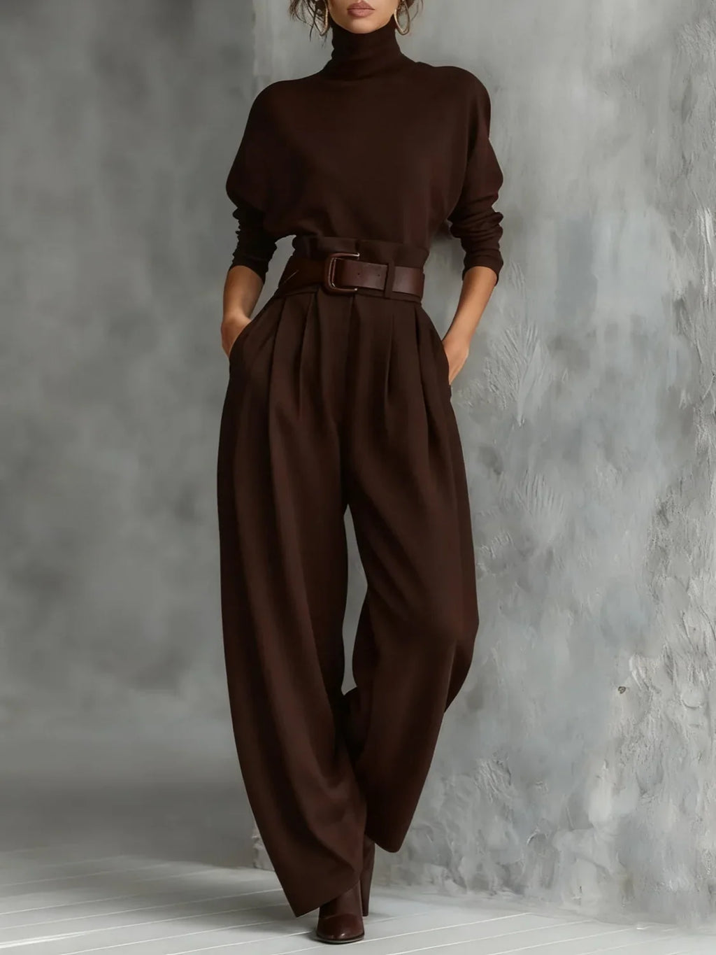 High-Neck Top and Wide-Leg Pant Set with Belt