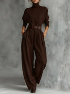 High-Neck Top and Wide-Leg Pant Set with Belt