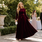 Belted Velvet A-Line Maxi Dress with Long Sleeves