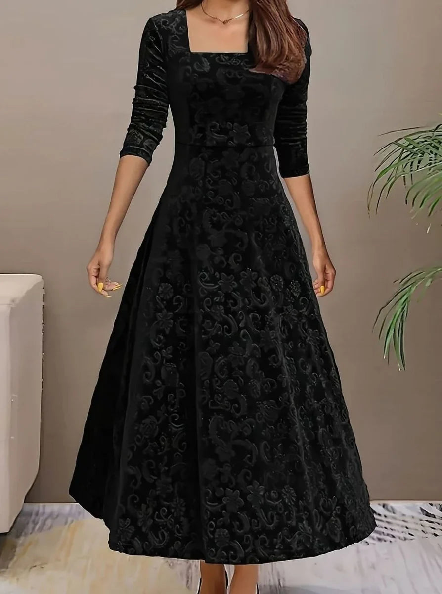 Velvet Square-Neck Floral Embossed A-Line Party Dress
