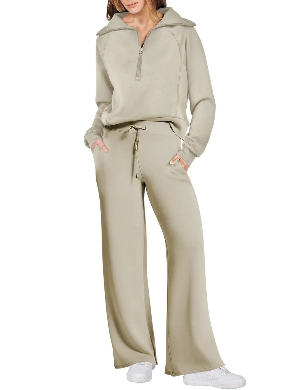Two-Piece Lounge Set with Half-Zip Hoodie and Wide-Leg Sweatpants