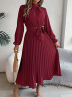Long Sleeve Pleated Belted Dress