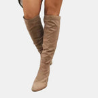 Ruched Block Heel Knee-High Boots