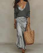 V-Neck Sweater and Satin Skirt Set