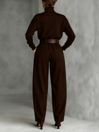High-Neck Top and Wide-Leg Pant Set with Belt