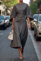 Belted Midi Dress with Lantern Sleeves