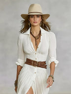 Long Sleeve Button Front Maxi Dress with Belt