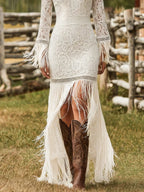 Lace Long Sleeve Maxi Dress with Fringe