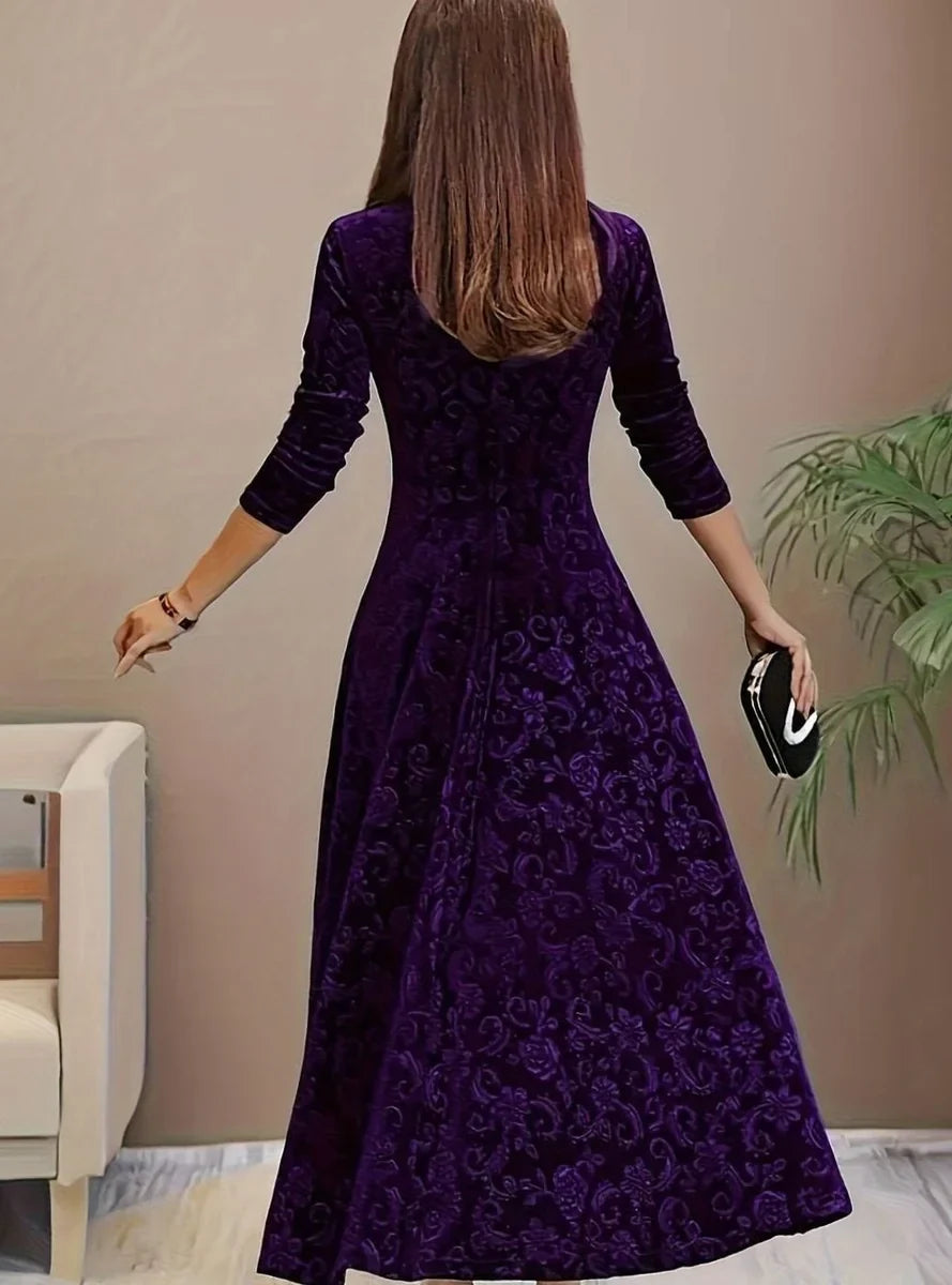 Velvet Square-Neck Floral Embossed A-Line Party Dress