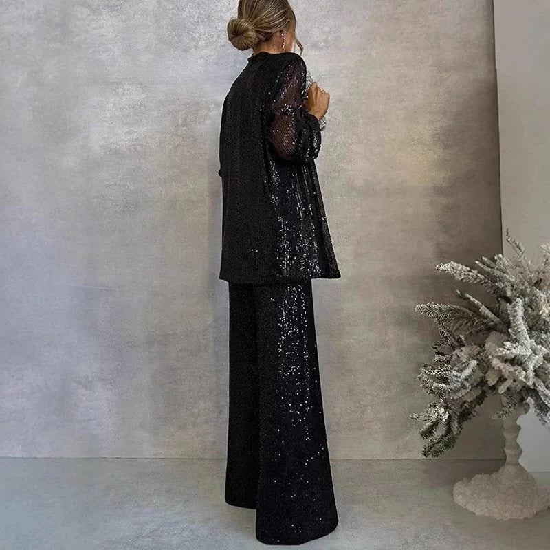 Sequin Blazer and Wide-Leg Pant Set