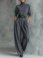High-Neck Top and Wide-Leg Pant Set with Belt