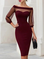 Off-Shoulder Cocktail Midi Dress with Sheer Sleeves