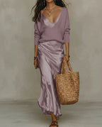 V-Neck Sweater and Satin Skirt Set