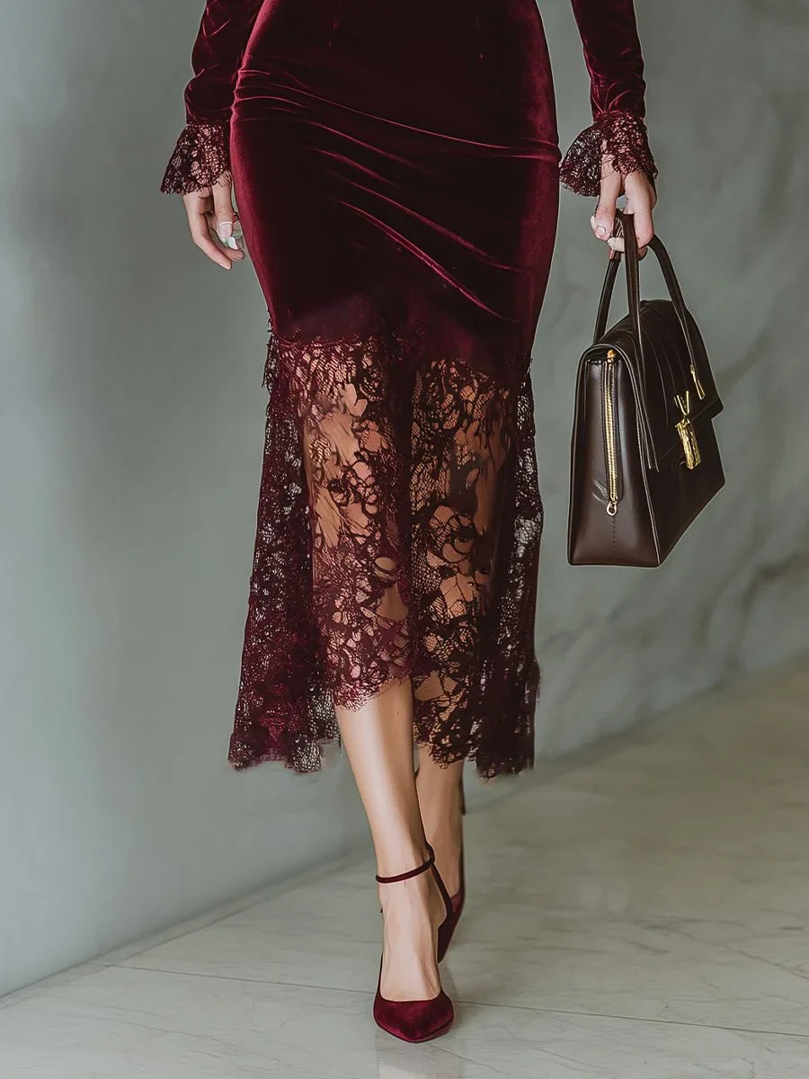 Velvet Long Sleeve Formal Maxi Dress with Lace Hem