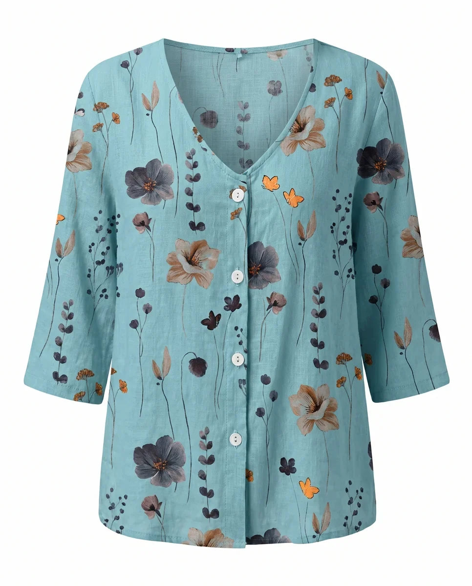 V-Neck Three-Quarter Sleeve Printed Blouse