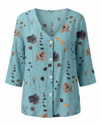 V-Neck Three-Quarter Sleeve Printed Blouse