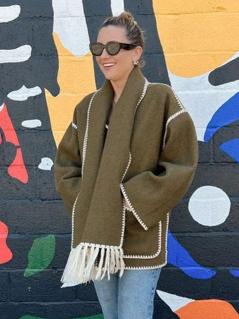 Women's Wrap Coat with Fringe Scarf