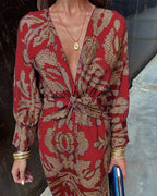 Printed Twist Front Long Sleeve Midi Dress