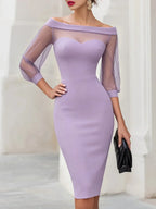 Off-Shoulder Cocktail Midi Dress with Sheer Sleeves