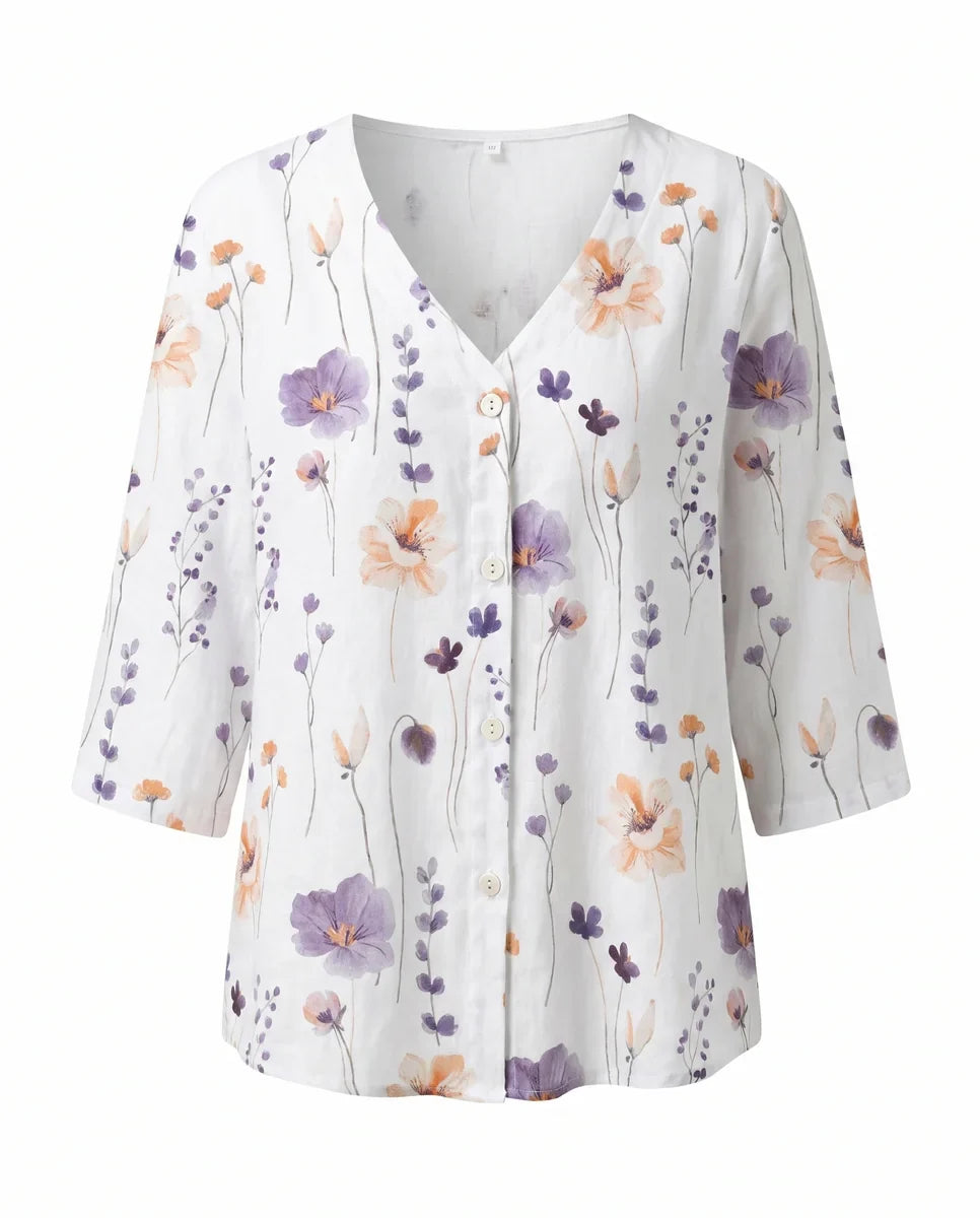 V-Neck Three-Quarter Sleeve Printed Blouse
