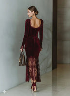 Velvet Long Sleeve Formal Maxi Dress with Lace Hem