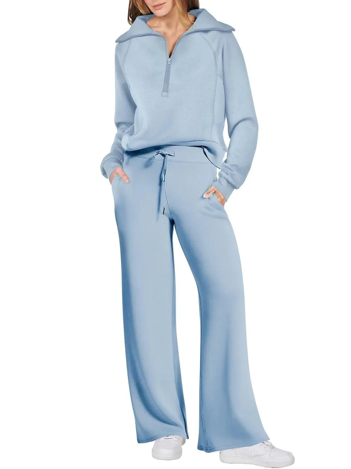 Two-Piece Lounge Set with Half-Zip Hoodie and Wide-Leg Sweatpants