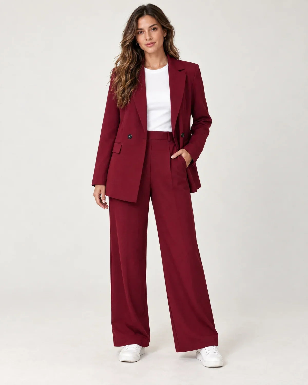 Dark red longline blazer and wide leg trousers suit set, front view