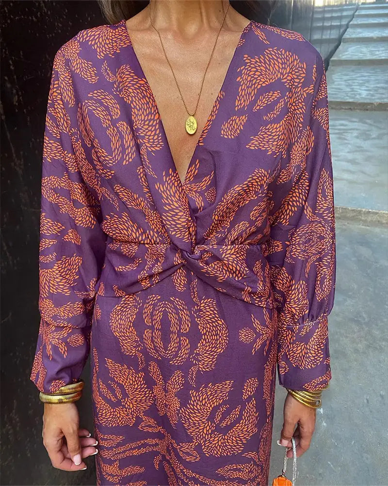 Printed Twist Front Long Sleeve Midi Dress