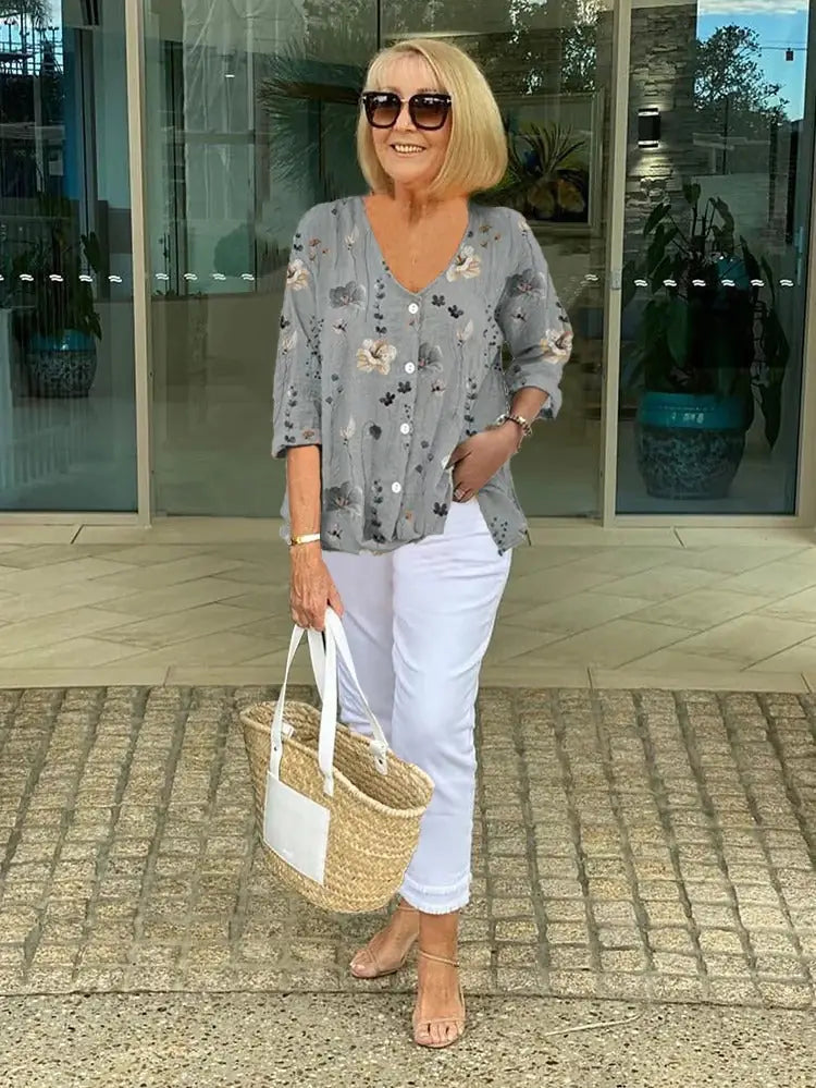V-Neck Three-Quarter Sleeve Printed Blouse